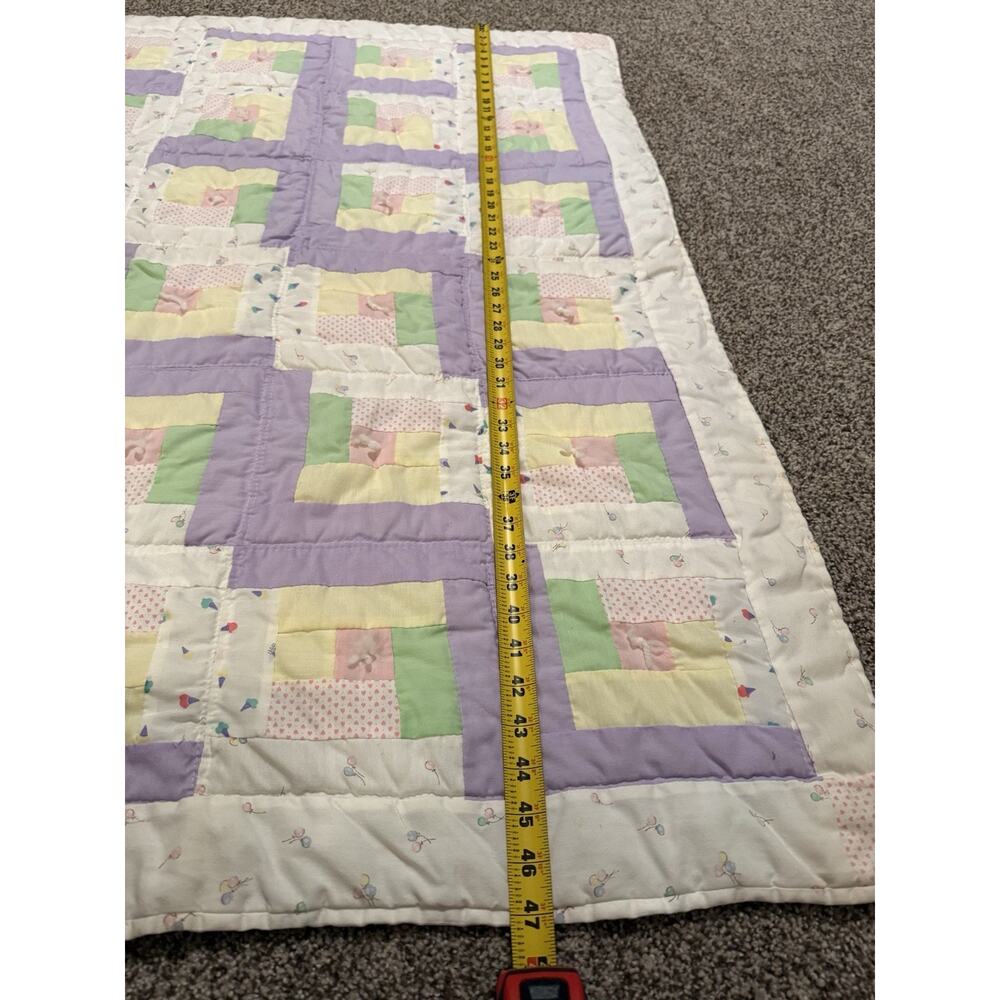 Vintage Pastel Log Cabin Style Crib Quilt. Handmade 34x47 Hand Stitched Quilted - Picture 2 of 9